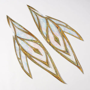COSFUN Genshin Impact Vesna cosplay wing pairs translucent leaf panels with iridescent gold-tone borders.