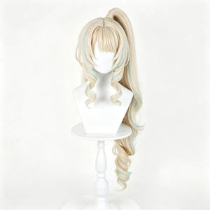 COSFUN Genshin Impact Visna cosplay wig gathers blonde hair into a high ponytail with vibrant blue highlights and curls.