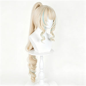 Genshin Impact Visna cosplay wig frames the face with blonde bangs and blue side highlights under a high ponytail.