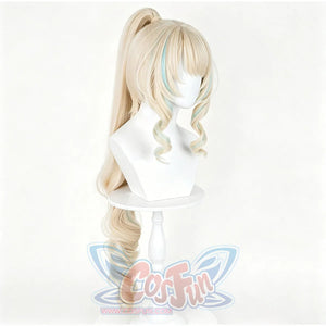 Genshin Impact Visna cosplay wig frames the face with blonde bangs and blue side highlights under a high ponytail.