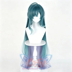 Genshin Impact Vodyanitsa cosplay wig frames the face with teal bangs and long strands fading into purple ends.