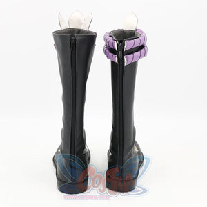 Genshin Impact Xiao cosplay boots rear view traces full-length back zipper and frames white winged structures at opening.