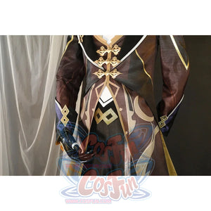 Zhongli Genshin Impact cosplay trench coat pairs gold-buckle waistcoat with a blue glove and patterned bottoms.