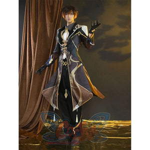 Zhongli Genshin Impact cosplay coat traces asymmetrical tails framed by gold-accented edges above striped pants.