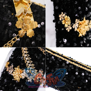 kpop demon hunters rumi cosplay costume with black sequin jacket, gold shoulder details.