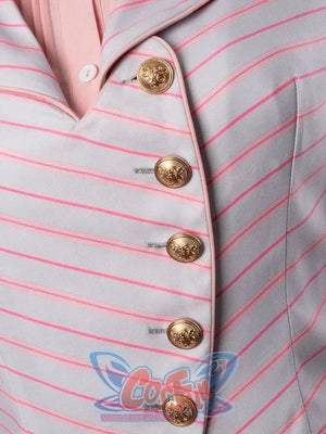 Glinda cosplay blazer detail highlighting gold-tone buttons set along the pink-striped front panel