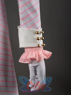 Glinda cosplay blazer cuff close-up with gold-tone buttons above the ruffled pink shirt sleeve
