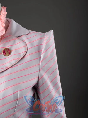 Glinda cosplay blazer shoulder detail showing a structured sleeve traced with pink diagonal stripes