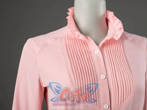 Glinda cosplay blouse close-up highlighting a ruffled collar and vertical pleats along the pink front