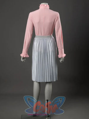 Glinda cosplay costume back view with a pink ruffled blouse set over the silver pleated skirt
