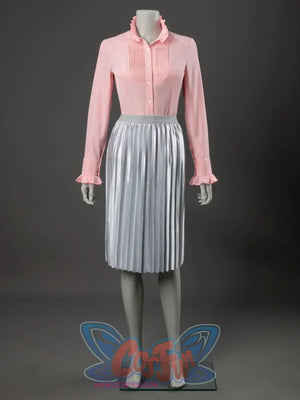 Glinda cosplay costume front view with a ruffled pink blouse tucked into a silver pleated skirt