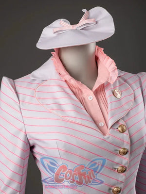 Glinda cosplay costume close-up with a bow hat above the pink-striped blazer and gold-tone buttons