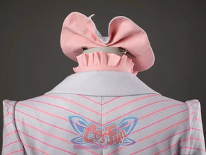 Glinda cosplay costume back detail with a bow hat above the pink-striped blazer collar and pink ruffle neckline