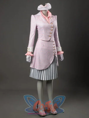 Glinda cosplay costume in an angled view, pairing the pink-striped blazer with a silver pleated skirt