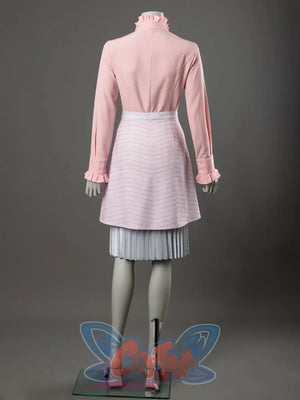 Glinda cosplay costume back view showing a pink ruffled blouse above the striped skirt and silver pleats