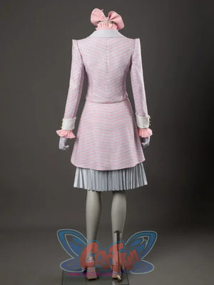 Glinda cosplay costume back view showing the pink-striped jacket falling over a silver pleated skirt