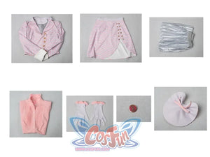 Glinda cosplay costume flat lay arranging the blazer, pink blouse, gloves, brooch, bow hat, and layered skirts
