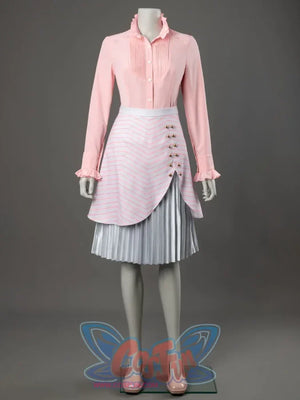 Glinda cosplay costume front view with a ruffled pink blouse set above a pink-striped wrap skirt and silver pleats