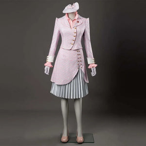 COSFUN Glinda cosplay costume pairing a pink-striped blazer with a bow hat and silver pleated skirt