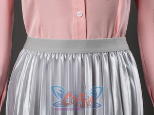 Glinda cosplay skirt close-up showing a gray waistband gathered over crisp silver pleated fabric