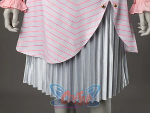Glinda cosplay skirt close-up showing a curved pink-striped wrap panel over silver pleated layers