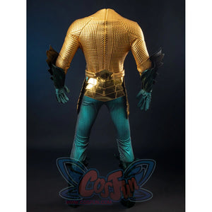 Gold-tone armored cosplay costume back view centers the ribbed spine panel above teal legs and waist armor.