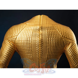 Gold-tone armored cosplay back shoulder close-up traces the center seam through raised scale texture.