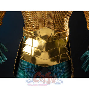Gold-tone armored cosplay back waist detail stacks layered belt plates over teal scale legs.