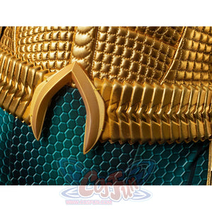 Gold-tone armored cosplay belt close-up centers the pointed emblem under raised chest texture.