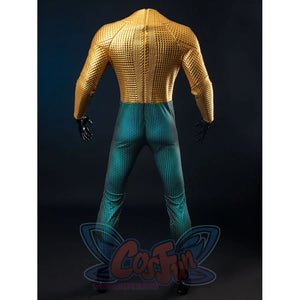 Gold-tone armored cosplay bodysuit back frames a ribbed spine panel over teal scale legs and black gloves.