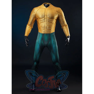Gold-tone armored cosplay bodysuit front keeps the textured chest above teal scale legs and black gloves.