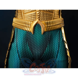 Gold-tone armored cosplay waist front layers a ridged belt over teal scale fabric and side panels.