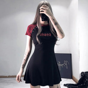 Gothic Letter Embroidery Color Block A-Line T-Shirt Dress Mp006173