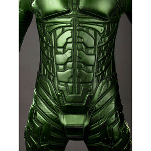 Green Goblin Norman Osborn cosplay costume abdomen detail stacks sculpted green armor down the torso.