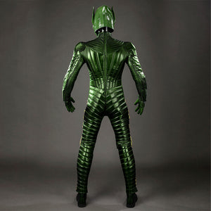 Green Goblin Norman Osborn cosplay costume back view aligns green spine panels down the bodysuit.