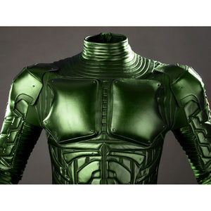 Green Goblin Norman Osborn cosplay costume chest detail centers metallic green pectoral armor and abdomen lines.