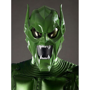 Green Goblin Norman Osborn cosplay costume portrait view frames the helmet above ribbed collar armor.