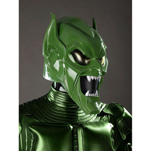 Green Goblin Norman Osborn cosplay costume helmet side detail angles the jaw over ribbed neck armor.
