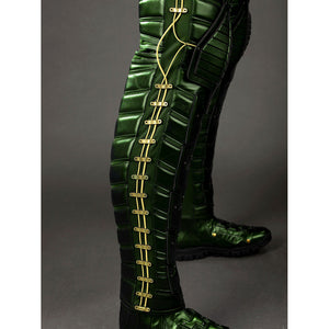 Green Goblin Norman Osborn cosplay costume leg detail tracks gold-tone lacing beside green shin armor.