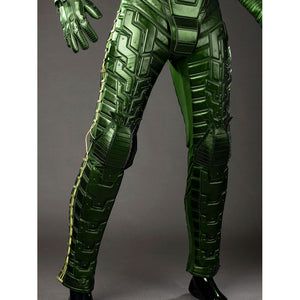Green Goblin Norman Osborn cosplay costume lower leg view aligns green shin panels toward the ankle edge.