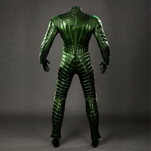 Green Goblin Norman Osborn cosplay costume rear view follows black zipper trim through the green back panels.