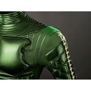 Green Goblin Norman Osborn cosplay costume shoulder cap detail curves green armor over the upper sleeve.