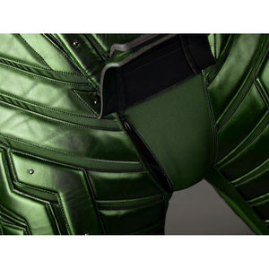 Green Goblin Norman Osborn cosplay costume side detail curves green shoulder armor over dark underarm fabric.