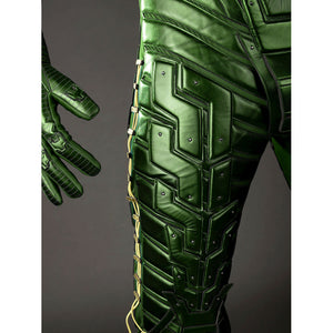 Green Goblin Norman Osborn cosplay costume thigh detail layers angular green plates along the leg.