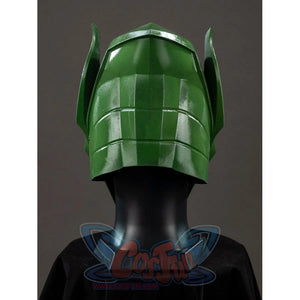Green Goblin Norman Osborn cosplay helmet back view stacks segmented green plates above the neck edge.