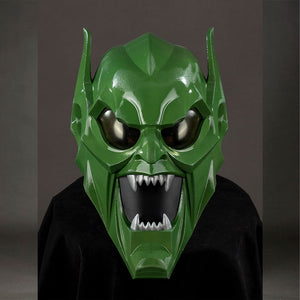 COSFUN Green Goblin Norman Osborn cosplay helmet front view frames green armor around dark eyes and sharp teeth.