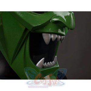 Green Goblin Norman Osborn cosplay helmet mouth detail layers sharp teeth around a dark interior.