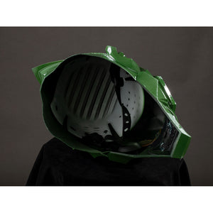 Green Goblin Norman Osborn cosplay helmet rear view reveals black inner padding beneath green shell plates.
