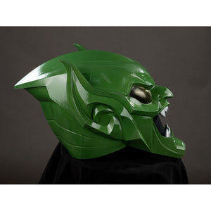 Green Goblin Norman Osborn cosplay helmet side profile extends a pointed green crest over the jaw.