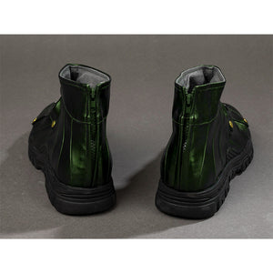 Green Goblin Norman Osborn cosplay shoes back view centers green heel panels above black soles.
